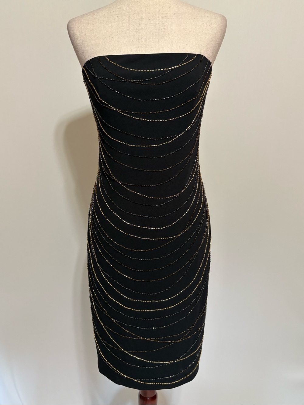 David Meister Strapless Black Beaded Midi Length Cocktail Pencil Dress Size 10